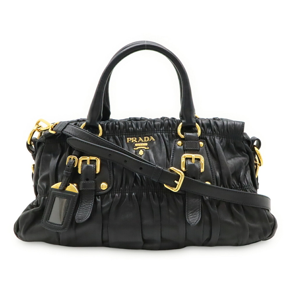 PRADA Gathered Handbag Shoulder Bag Leather NERO Black BN1407 - Picture 2 of 10